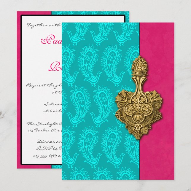 Aqua Paisley Peacocks Convite para Casamento India (Frente/Verso)