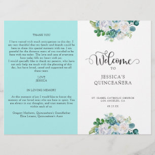 Aqua Quinceanera Program, Aqua e White Floral