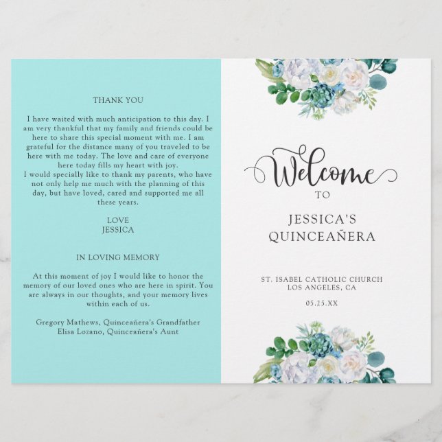 Aqua Quinceanera Program, Aqua e White Floral (Frente)