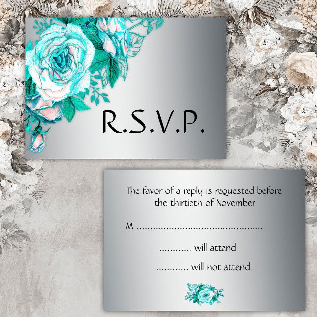 Aqua Rosa e RSVP de Casamento Silver (Criador carregado)