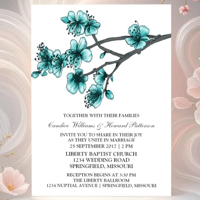 Aqua Simple Cherry Blossoms Convite de casamento (Aqua Simple Cherry Blossom Wedding Invite)