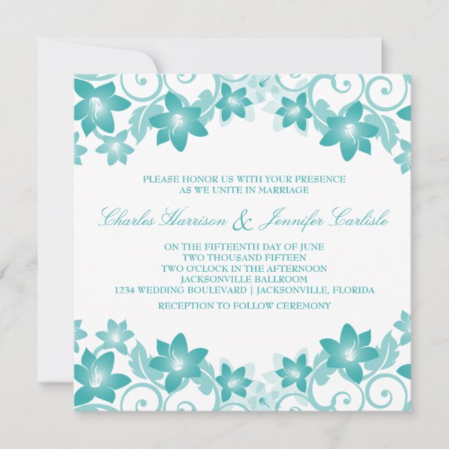 Aqua Simple Floral Convite de casamento (Frente)