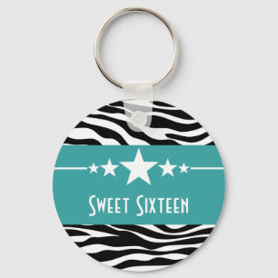 Aqua Stars Zebra Print Sweet 16 Chaveiro
