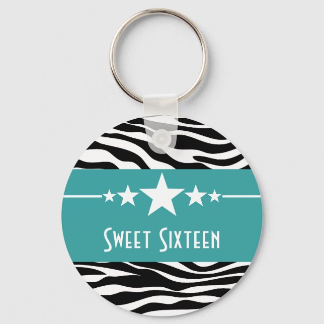 Aqua Stars Zebra Print Sweet 16 Chaveiro (Frente)