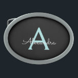 Aqua Teal Blue Script Girly Monographic Name<br><div class="desc">Belt Buckle do Monograma Simples de Letra Azul Preto e Azul Aqua Isso faz a formatura perfeita, doce 16 16, 18, 21rua, 40, 50, 60, 70, 80, 90, 100 anos, casamento, chá de panela, aniversário, chá de fraldas ou presente de festa de solteira para alguém que ama luxo de vidro...</div>