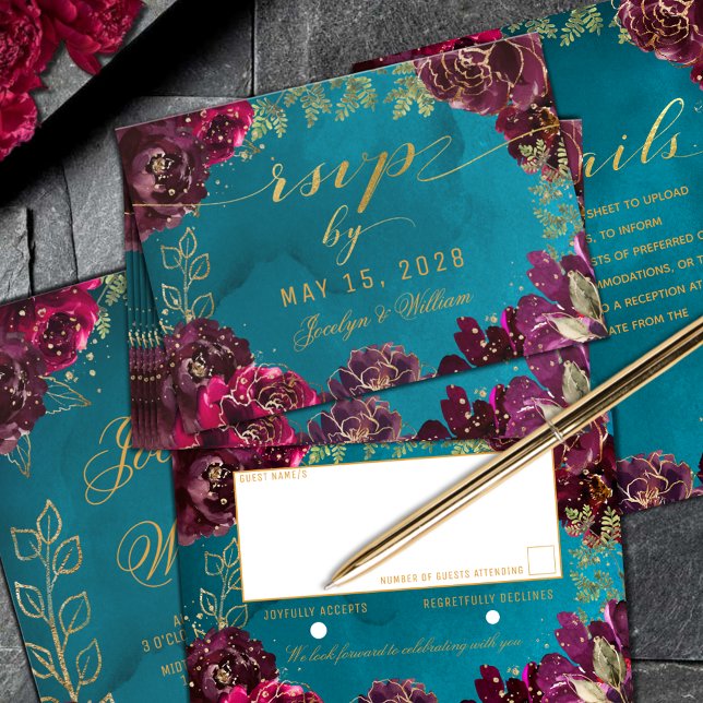 Aqua Teal Merlot Jewel Tone Dourado Casamento RSVP (Aqua Teal Merlot Jewel Tone Gold Wedding RSVP return-by-mail enclosure card)