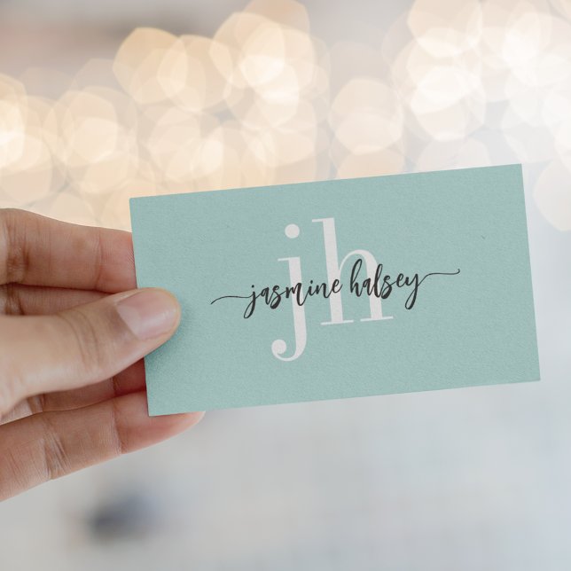 Aqua Teal Simple Name and Initials Cartão de visit (Criador carregado)