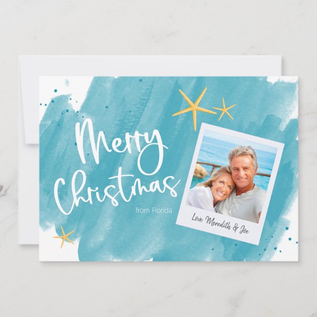 Aqua Teal Tropical Watercolor Merry Christmas Card (Frente)