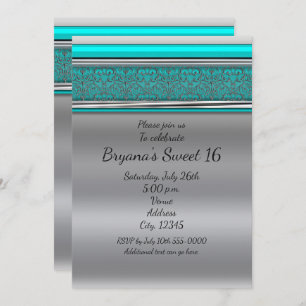 Aqua Turquoise Blue & Silver Sweet 16 Convites