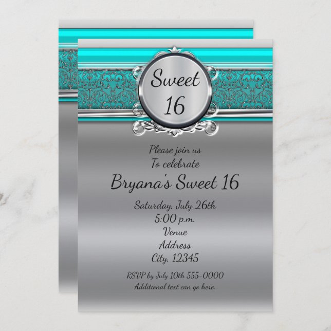 Aqua Turquoise Blue & Silver Sweet 16 Convites (Frente/Verso)