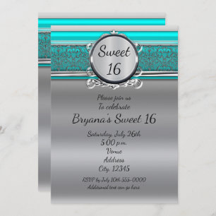 Aqua Turquoise Blue & Silver Sweet 16 Convites