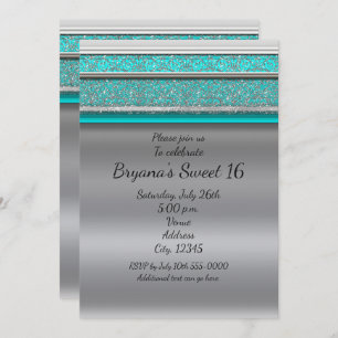 Aqua Turquoise Blue & Silver Sweet 16 Convites