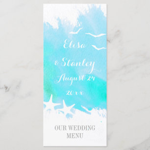 Aqua watercolor, menu de casamento da praia de pei