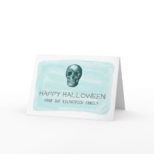Aqua Watercolor Skull Halloween Cartão