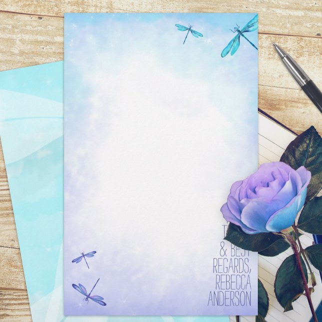 Aquamarine, Blue Dragonflies — Papel de Carta Pess (turquoise aqua aquamarine purple dragonfly budget personalized letter writing stationary paper sheet)