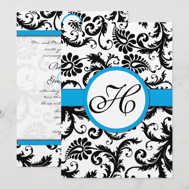 Aquamarine Damask Swirls Convite Para Casamento (Frente/Verso)