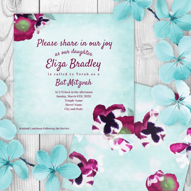 Aquamarine, Magenta Pansies Bat Mitzvah Convite (turquoise, violet purple summer floral bat mitzvah invitation, violet pink script calligraphy)