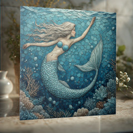 Aquamarine Mermaid Ocean Mosaic Luminous Coral Art