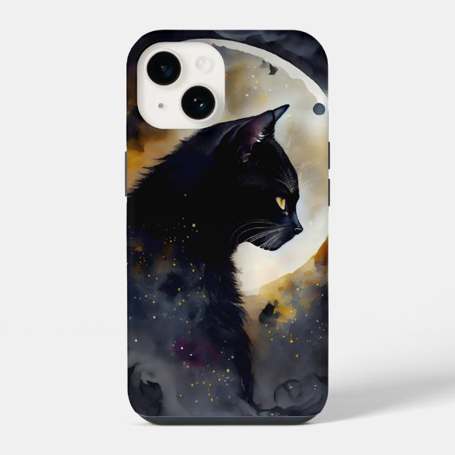 Aquarela Arte de Gato Preto Eclipse da Lua (Verso)