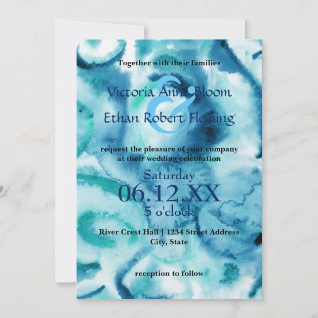 Aquarela Azul sobre Azul - Convite de Casamento (Frente)