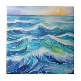 Aquarela das ondas do mar sob o sol