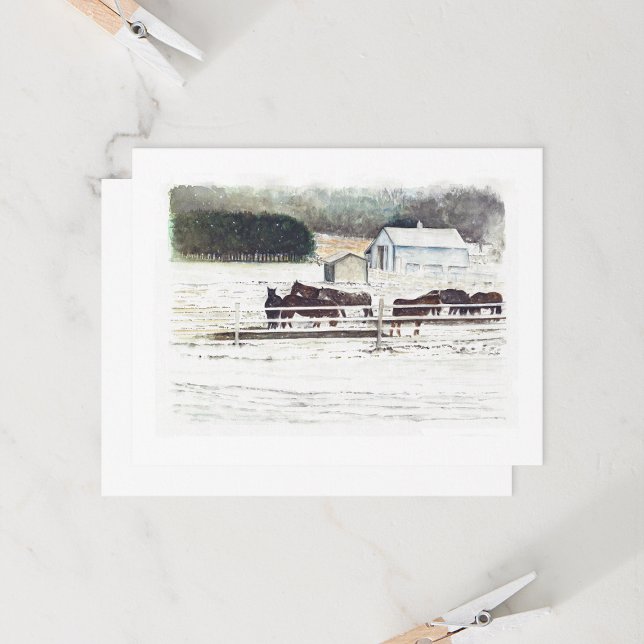 Aquarela de Fazenda de cavalo de inverno (Winter Horse Farm Watercolor by Jenn Steffen Art for Jenn's Emporium.)
