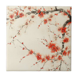 Aquarela de Flor de Ameixa Vermelha - Arte Floral