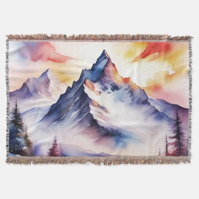 Aquarela de neve coberta de montanhas sob o céu ve (Frente)