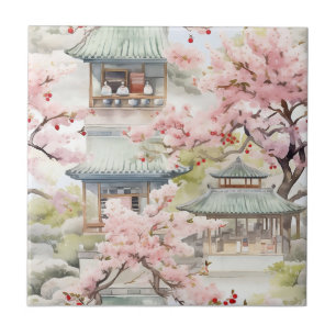 Aquarela de Pagoda Asiática em meio às flores de c