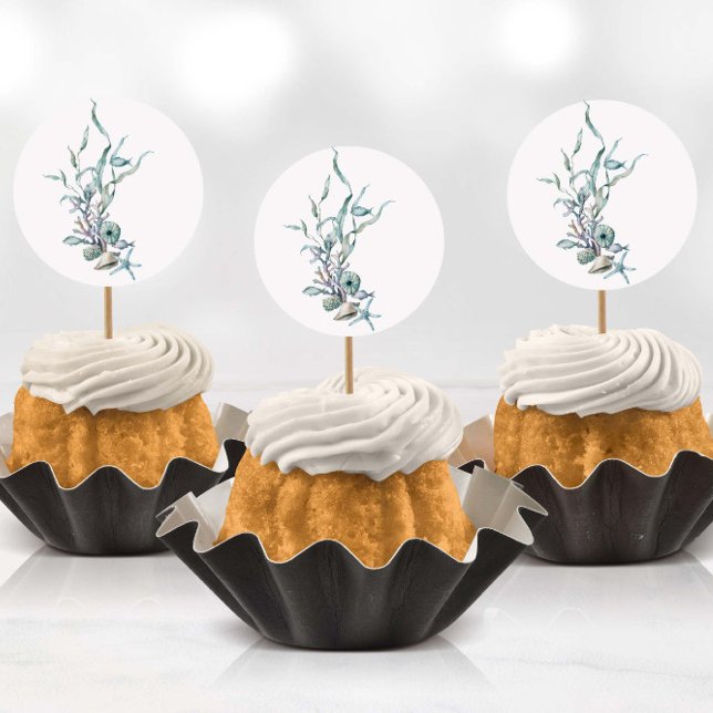 Aquarela debaixo dos adesivos de águas-vivas do ma (Stickers being used as cup cake toppers with toothpicks)