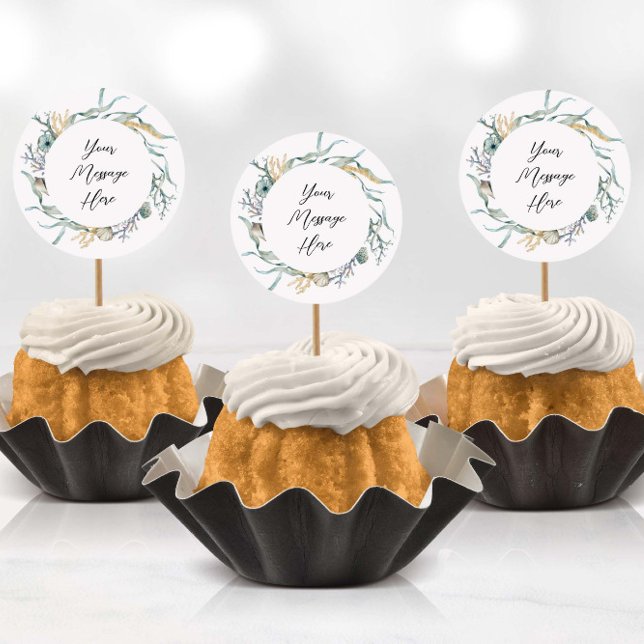 Aquarela debaixo dos adesivos de águas-vivas do ma (Stickers being used as cup cake toppers with toothpicks)