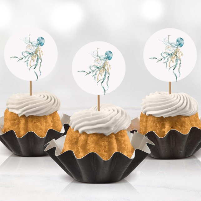 Aquarela debaixo dos adesivos de águas-vivas do ma (Stickers being used as cup cake toppers with toothpicks)