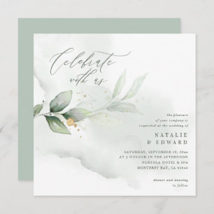 Aquarela eucalipto sage, casamento verde e ouro