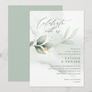 Aquarela eucalipto sage ouro verde casamento