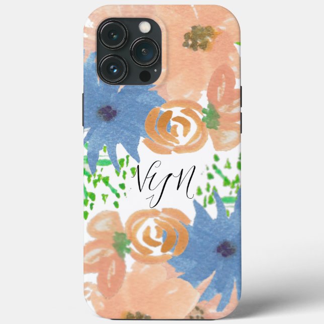 Aquarela Florais Azul Pêssego Monogramada (Verso)