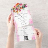 Aquarela Floral Buquê Tropical Rosa e Laranja