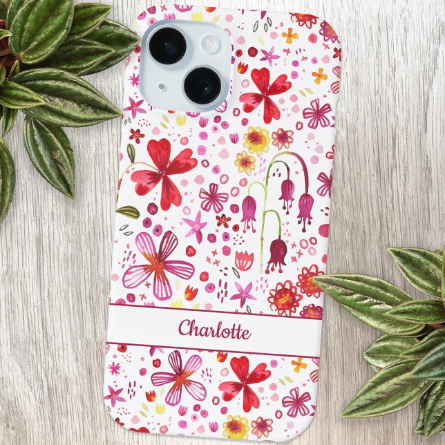 Aquarela Floral Personalizada (Modern watercolor floral pink and white personalized name cell phone case)