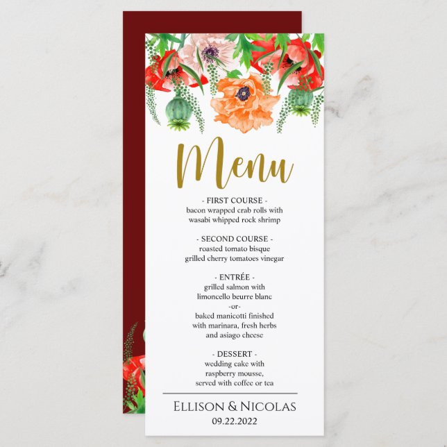 Aquarela Flores de Papoila Menu Janto Casamento (Frente/Verso)