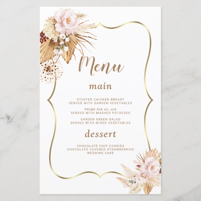 Aquarela Flores Pampas Grass Menu Casamento (Frente)