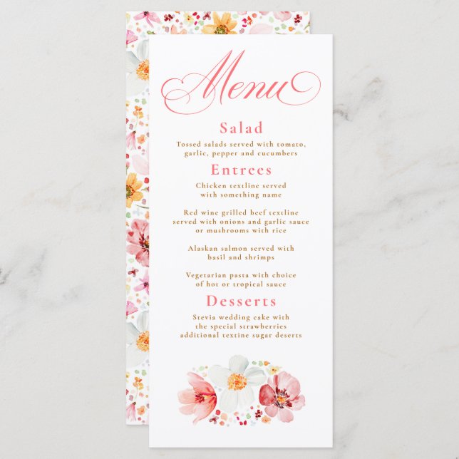 Aquarela Flores Selvagens Elegante Menu Casamento  (Frente/Verso)