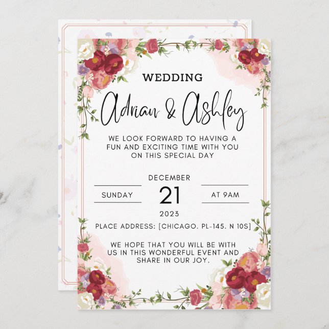 aquarela flores vermelhas convites para casamento (Frente/Verso)