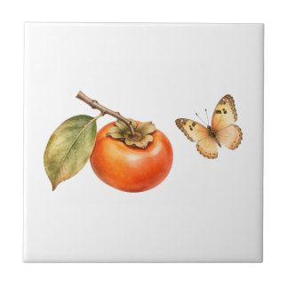 Aquarela Fruta Caqui e Borboleta