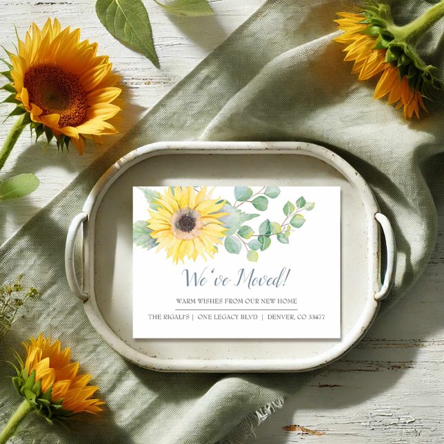 Aquarela Girassol Anúncio de Mudança para Nova Cas (Sunflower moving announcement cards unique watercolor art by Victoria Grigaliunas VG Invites)