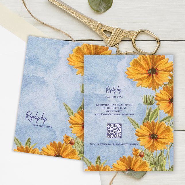 Aquarela Girassol Casamento Boho Resposta Pelo Cód (Watercolor Sunflower Boho Wedding RSVP Card with QR Code Summer Countryside Reply Card)
