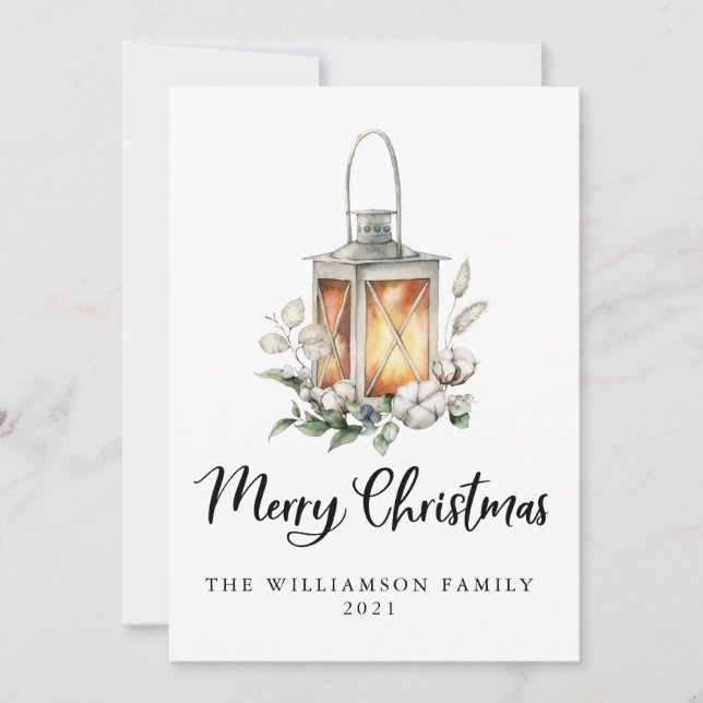 Aquarela Merry Christmas Cotton Greenery Lanterna (Frente)