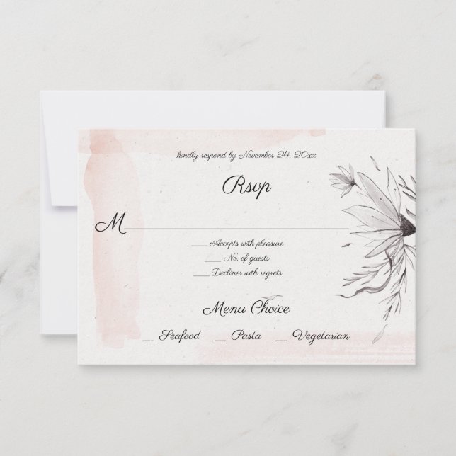 Aquarela Moderna Rosa e Cinza Floral Menu RSVP (Frente)