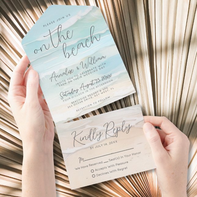 Aquarela no Casamento na Praia (Watercolor On The Beach Wedding All in One Invitation)