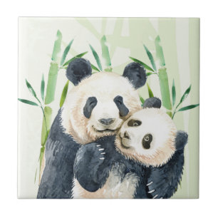 Aquarela Panda Ursa Mãe e Bebê em Bambu