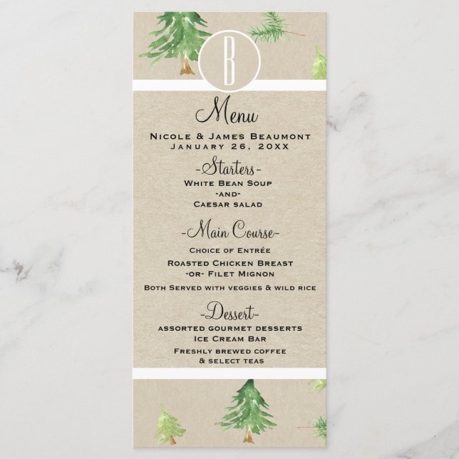 Aquarela Pine Trees Kraft Menu Casamento no invern (Frente)