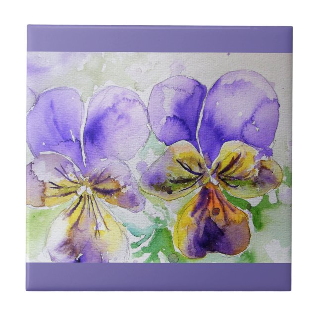 Aquarela Puro Viola Pansy Floral Azulejo (Frente)